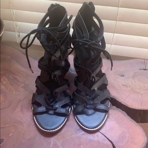 Black Wood heel lace up sandals
